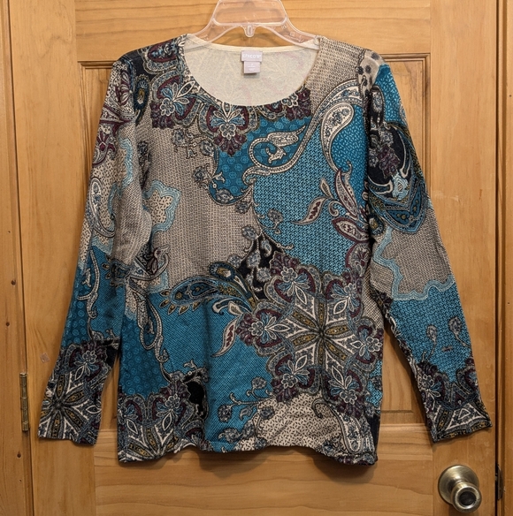 Chico's Tops - Chico's Sweater Pullover 2 LG Paisley Floral LS Top Green Brown Boho Artsy Comfy